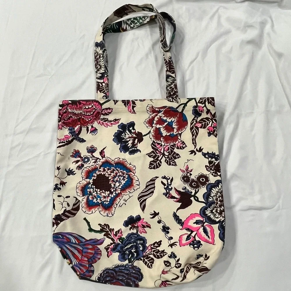 Tory Burch Happy Times‎ Floral Print Reversible Tote Bag Cream Navy Blue
